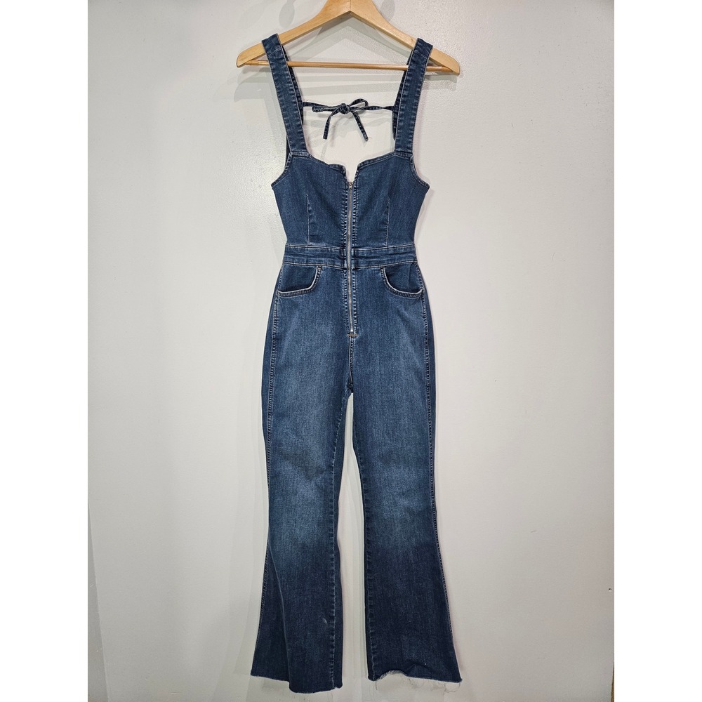 We The Free CRVY 2nd Ave Bootcut Denim Jumpsuit Dark Wash Size 24 Raw Hem Zip Up